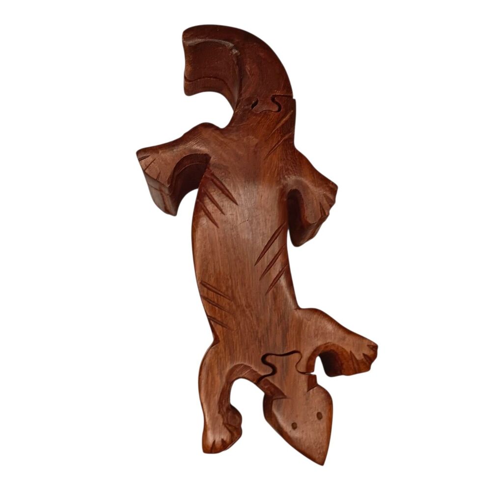 Vintage Wood Lizard Puzzle Box Secret Compartment Gecko 8.5" x 3.5" x 2"